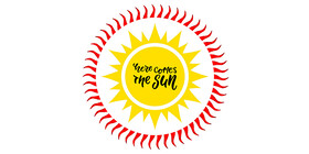 Here Comes the Sun logo with the words Here Comes the Sun over a drawing of the sun