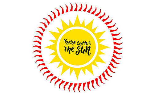 Here Comes the Sun logo with the words Here Comes the Sun over a drawing of the sun