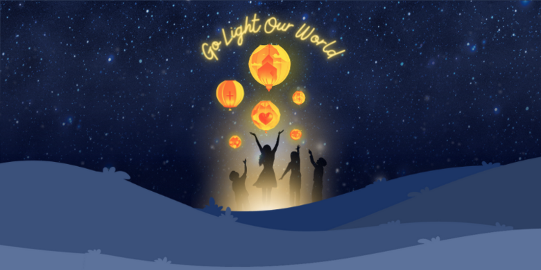 Division Theme for Go Light Our World showing four kids releasing floating lanterns into a night sky.