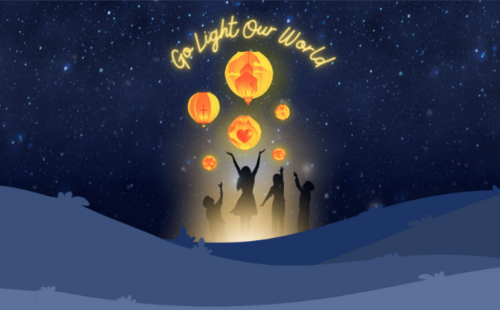 Division Theme for Go Light Our World showing four kids releasing floating lanterns into a night sky.